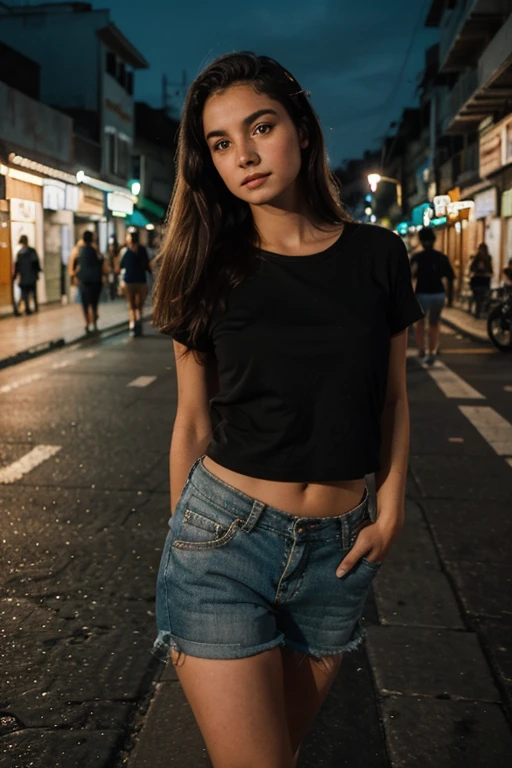 fotografia de uma mulher de 19yo, rosto perfeito, standing on her feet, passeando na cidade a noite