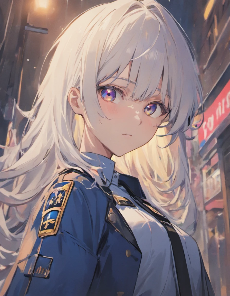 White hair with bangs, beauitful, sexy, police, police officer, cop, white eyes, silver eyes