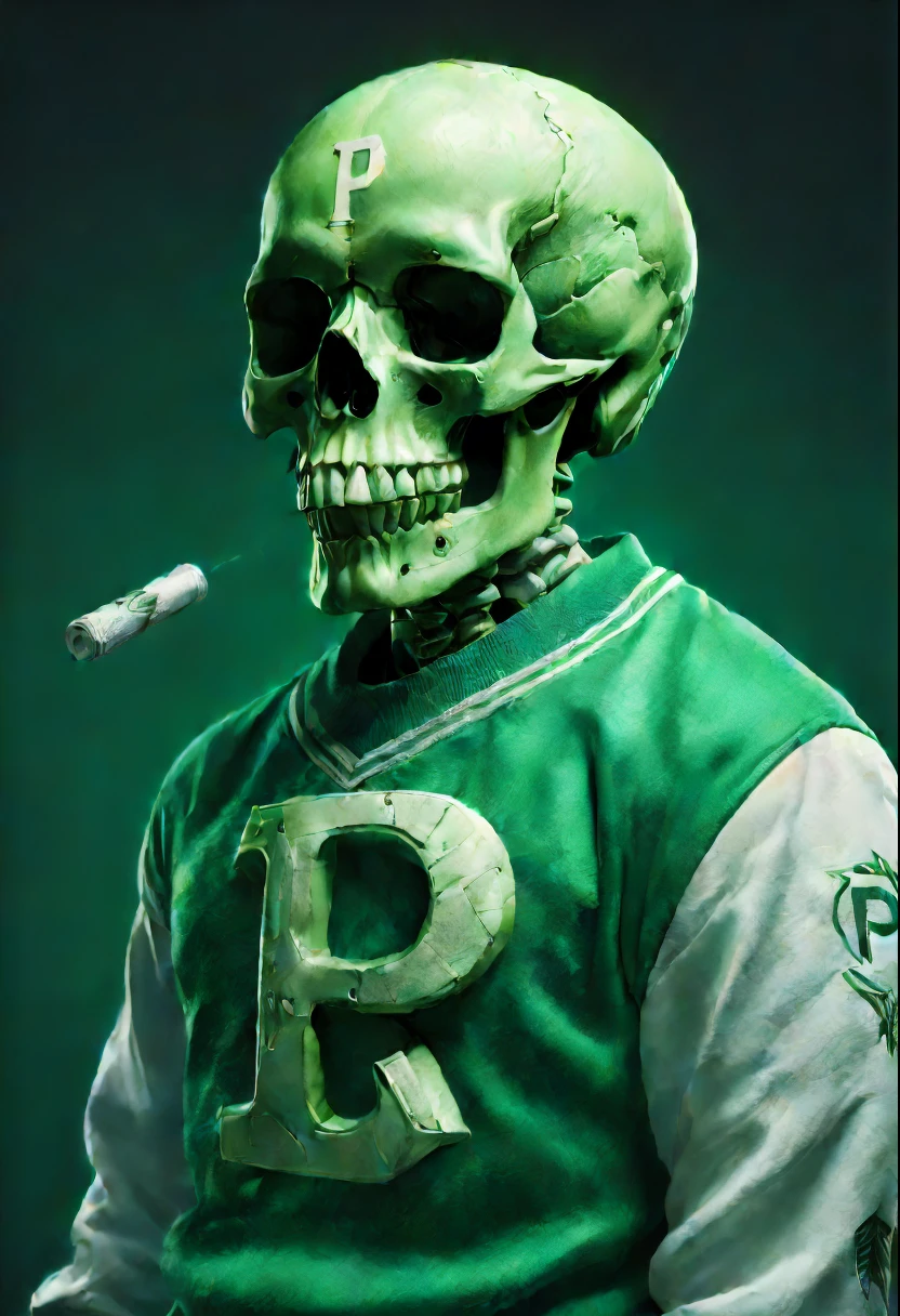 (best quality,highres,ultra-detailed),skull wearing green and white clothes,ball,letter p in the middle,detailed textures,beautifully rendered,studio lighting,vibrant colors,artistic style,subtle color tones,realistic lighting
