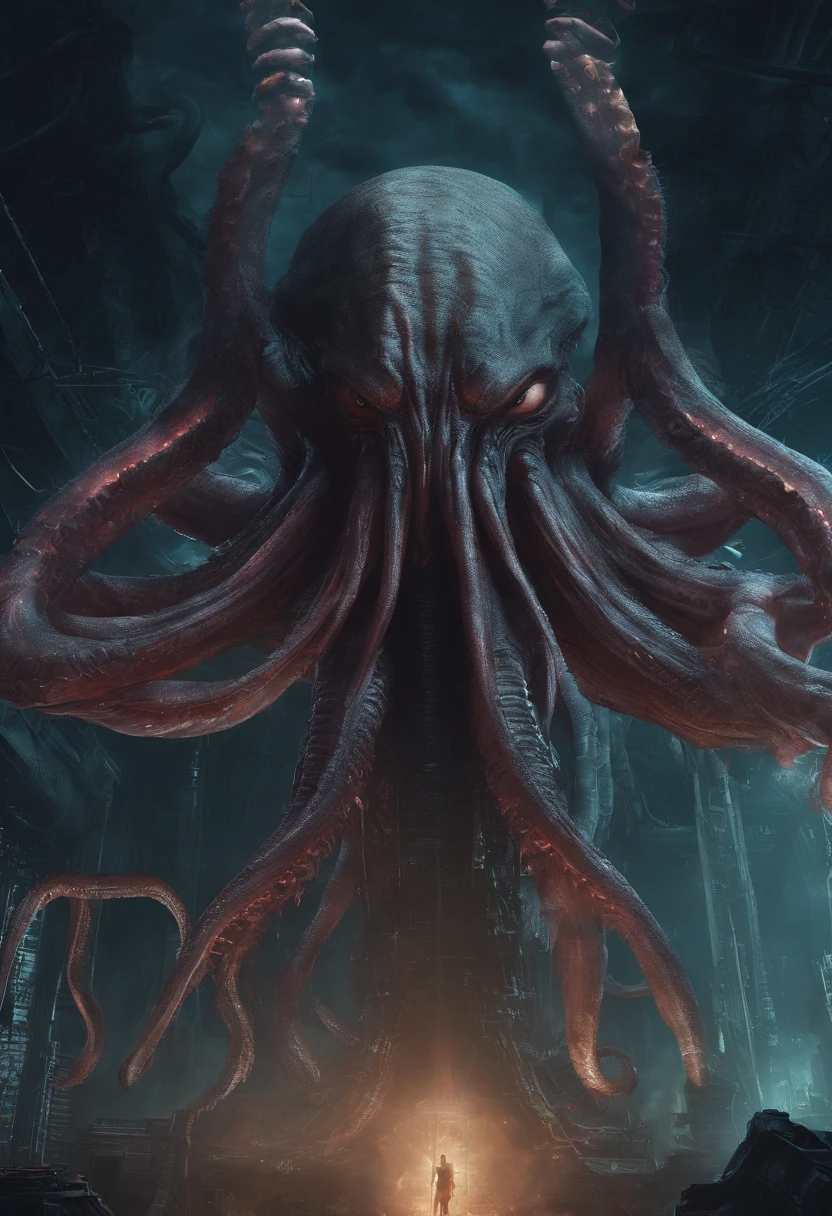 Giant octopus monster，Cthulhu in the Cthulhu Mythos，glowing light eyes，extremly high detail，High chiaroscuro，4K，unreal 5 render，Best quality，tmasterpiece，Rendered by Octane，Looking directly at，extremely dangerous，The huge body is shocking，spread throughout the sky，The horror of despair，The atmosphere is oppressive，The spectacle is spectacular，Hero holding sword，Fight back bravely,real  face