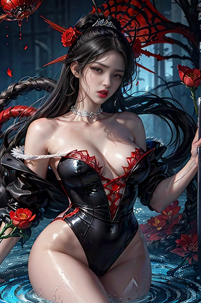 2 beauties，tmasterpiece, 8k wall paper, Ultra Detailed, sports clothing,(Lesbian in full view), (1 girl:1.3),huge neckline:1.2,Odin,//( long black hair:1.3)//,(Average Breasts), ((perfect figure)),//(Beautiful detailed red eyes: 1.3)//,(Take a step back:1.4),(soaked pubic hair:1.15), //general,(unbuttoned clothes),鎖骨,Off Shoulder Style//,sit on liquid, //[(hell),(Dark:1.5),(Shown in_ovum_Floods:1.2),Shown in (bloods:1.1),(Red_Floods),((hell)),(Equinox flower),(foggy part),bloods_splash, bloods_Floods,(Red_flowers in full bloom:1.2),(bloods_Wavy:1.3), (Arachne_lillis:1.3),(depravity,Blue_firey:1),(ripple:1),(oar:1),((Surrounded by beautiful and detailed spiders_lillis:1.3)),glittering]//