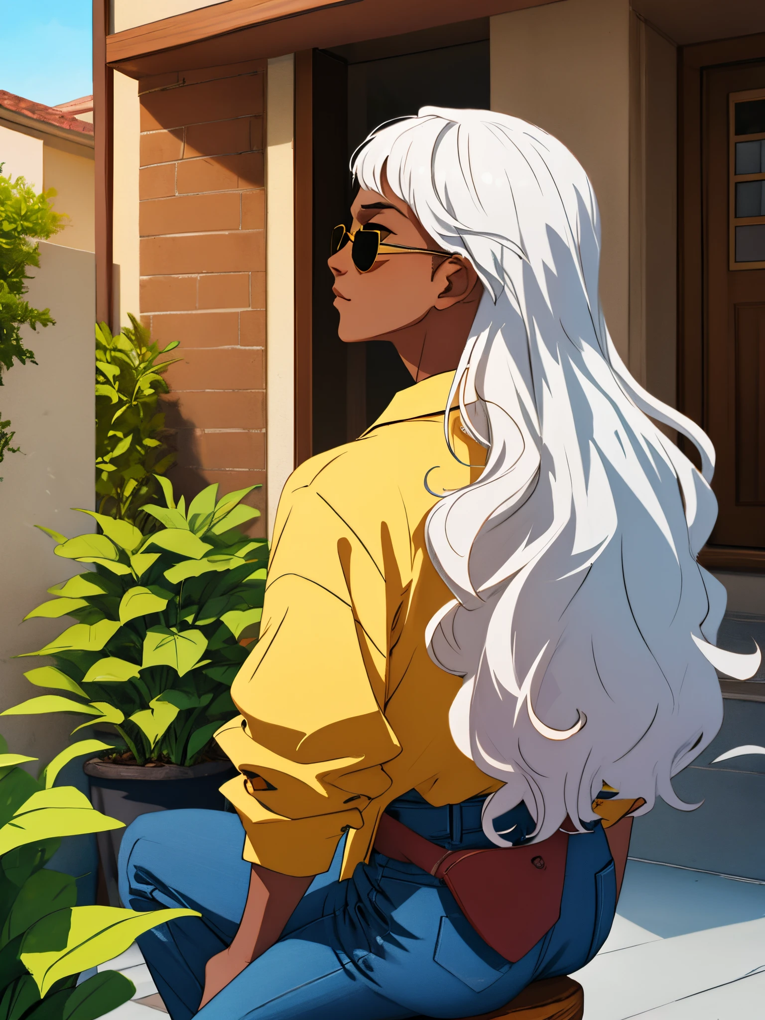 Six foot brown-skinned man with curly white hair sitting down on a fancy back patio with sunglasses and an open-collared shirt with a yellow pattern.