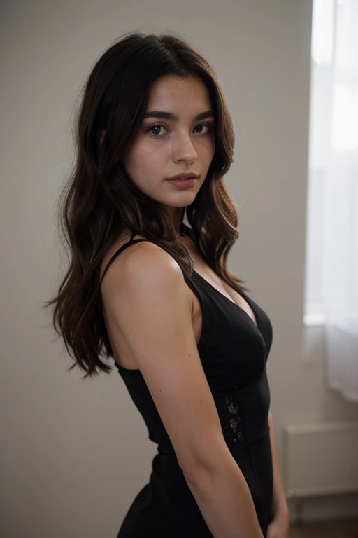 20 years old woman, hermoso cabello oscuro, vestido negro y pechos medianos.