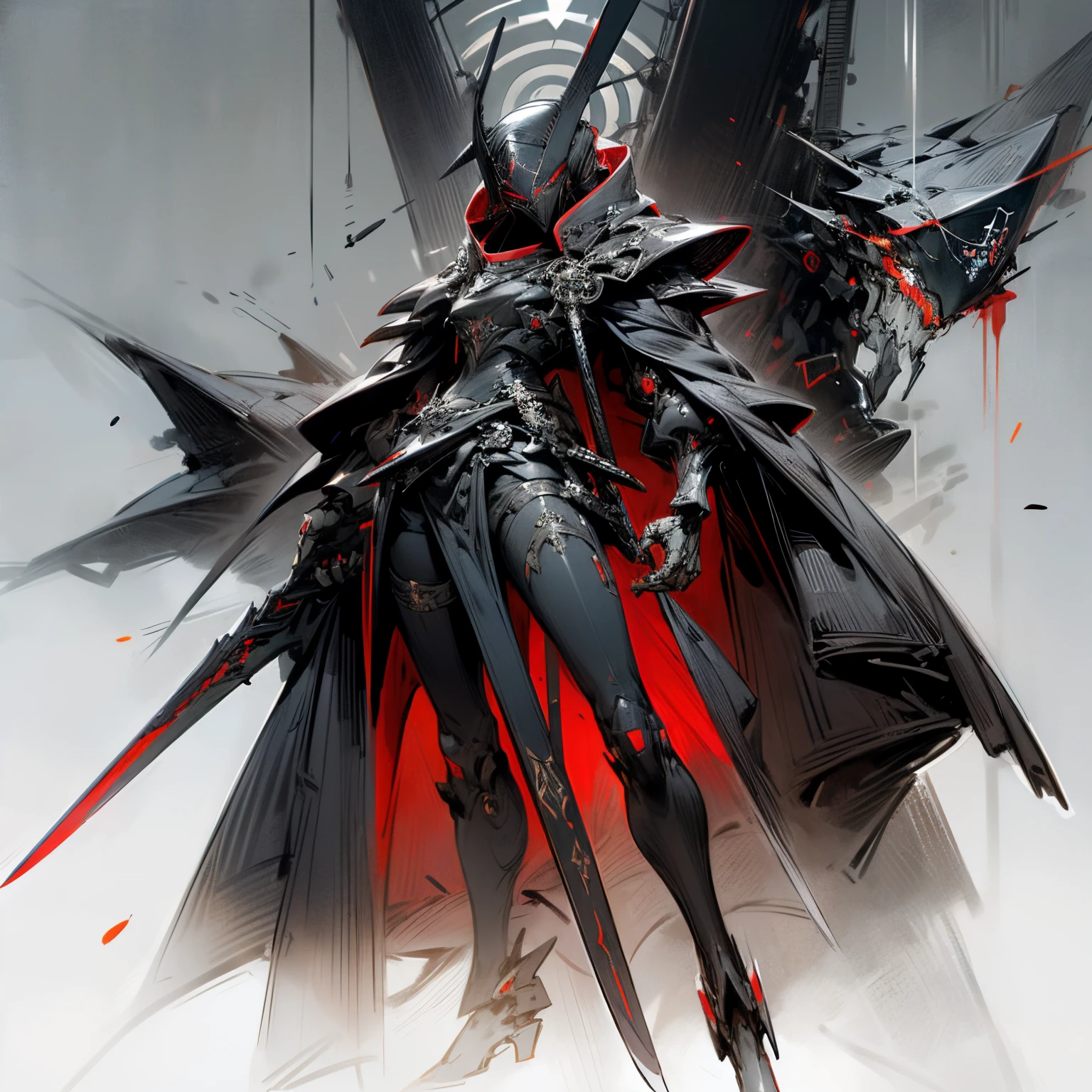 (holding a big sword), long pointy head, red and black color scheme, military design, mil-spec, angular frame, five eyes, long head, standing confidently, menacing, big body, strong, ROBOT, Malania from Elden Ring, very mechanical,