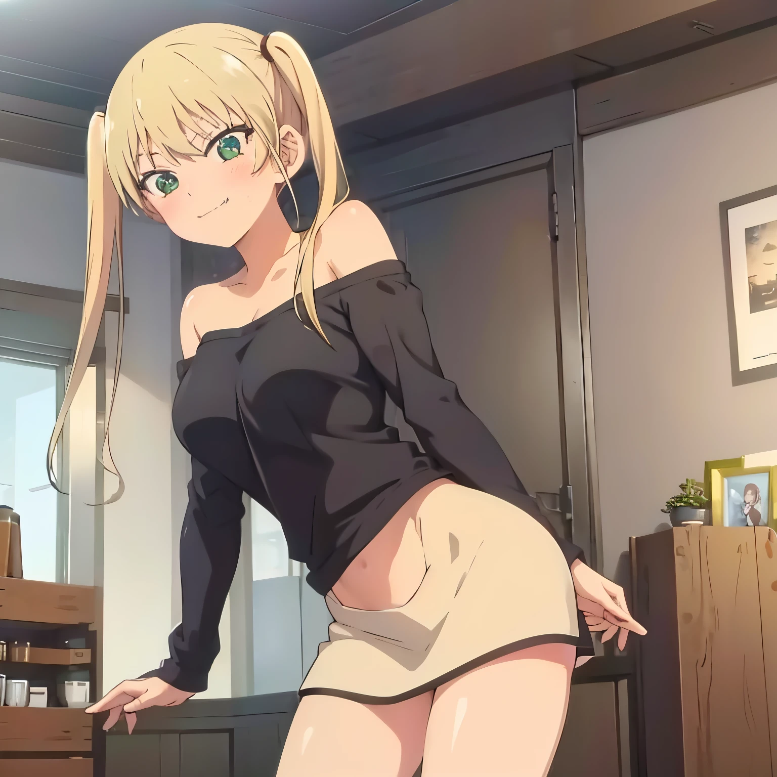 masterpiece, best quality, 1 girl, alone, , hoshizaki rika, green eyes, tsurime, eyelashes, blonde hair, long hair, pigtails, side locks, fangs, large breasts, medium waist, medium hips, wide thighs, Inside, coffee shop, sweater, clothing cut, black ribbed sweater, off shoulder, white skirt, tight short skirt, looking at the viewer, session, embarrassed, seductive, smiling, mouth closed blushing smile,