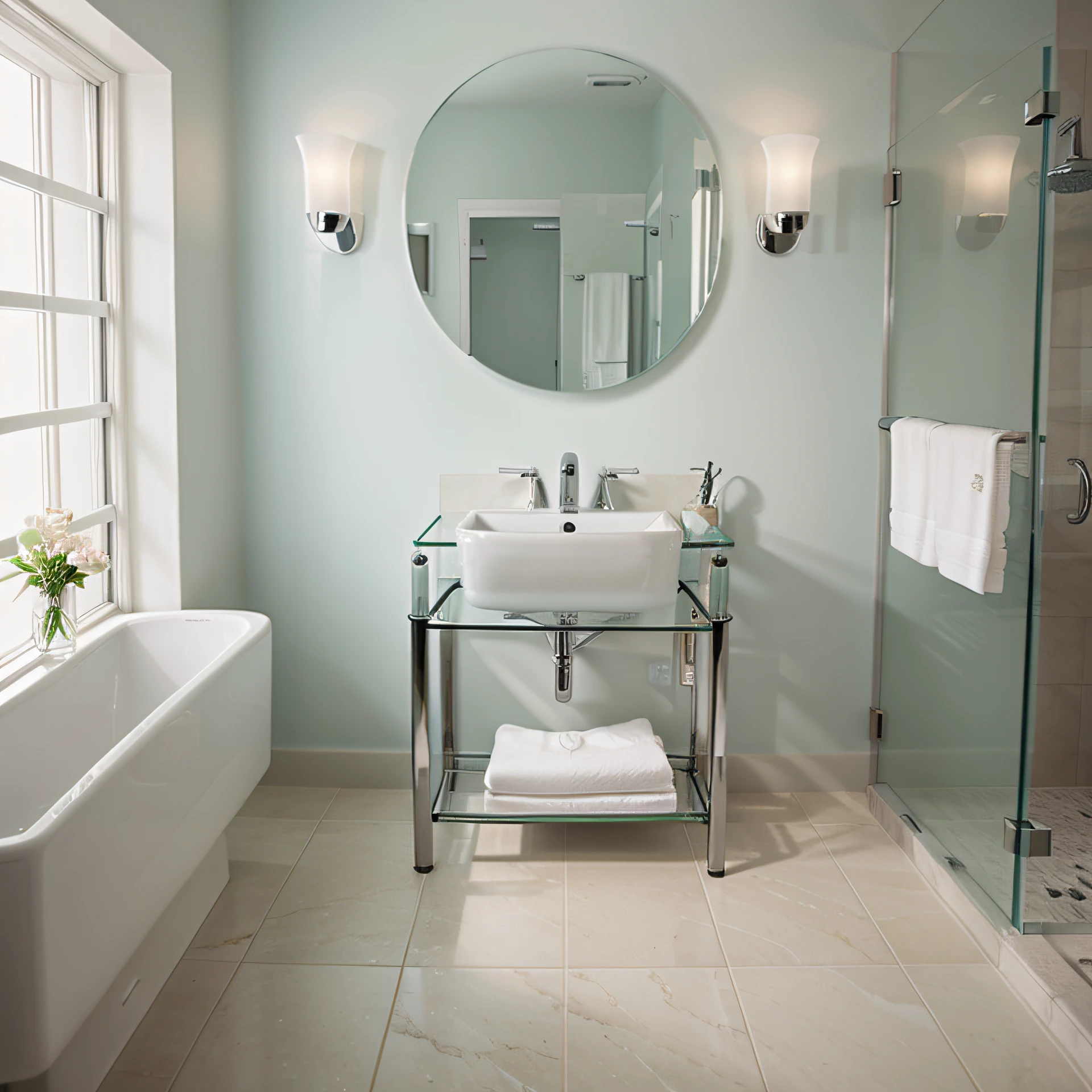 some glass glasses and a shiny clean sink and a bathroom in the back