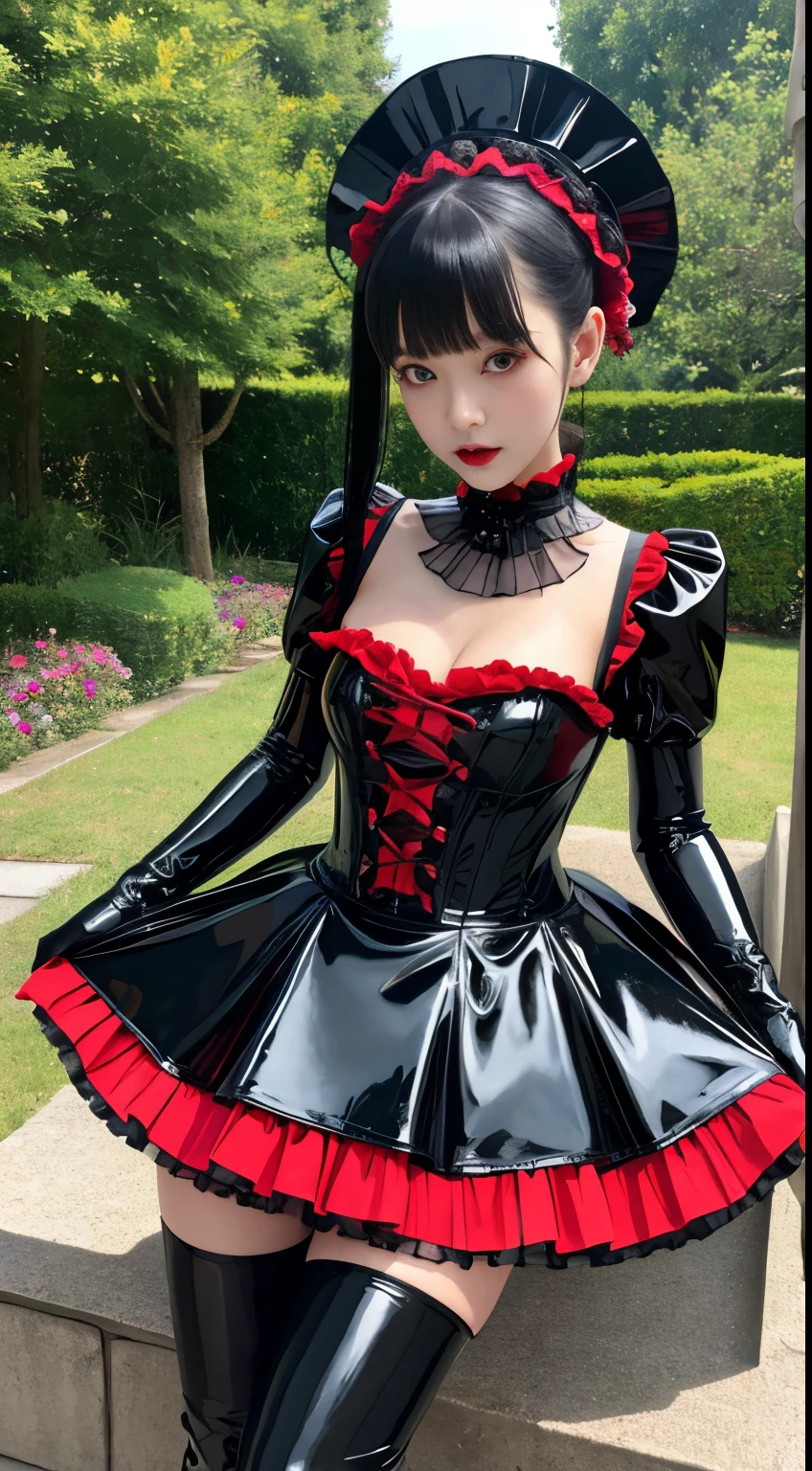 (masutepiece:1.0), (Best Quality:1.4), (A high resolution:1.2), (Photorealistic:1.4),(from below:1.5), (8K, Raw photo:1.2), (Soft Focus:1.4),There is a girl wearing latex  maid who is standing in the restaurant and taking pictures.............................................................,full body lesbian, She is wearing a latex  maid, BREAK,She is wearing a latex maid ,BREAK,(translucent latex red maid printed frills pattern:1.5),Slime skin,BREAK, smooth tight ,( the glossy latex black gloves:1.4),BREAK, translucent skin,Latex, Translucent body,latex shiny, The perfect gloves for your skin,bob hair,glossy shiny reflective,gal make up,goddess of Japan, Glossy skin,gorgeous  japanese model,Tecateca,shiny,Slimy,(Glossy black thigh-high boots:1.3),close up,detailed background,in the restaurant