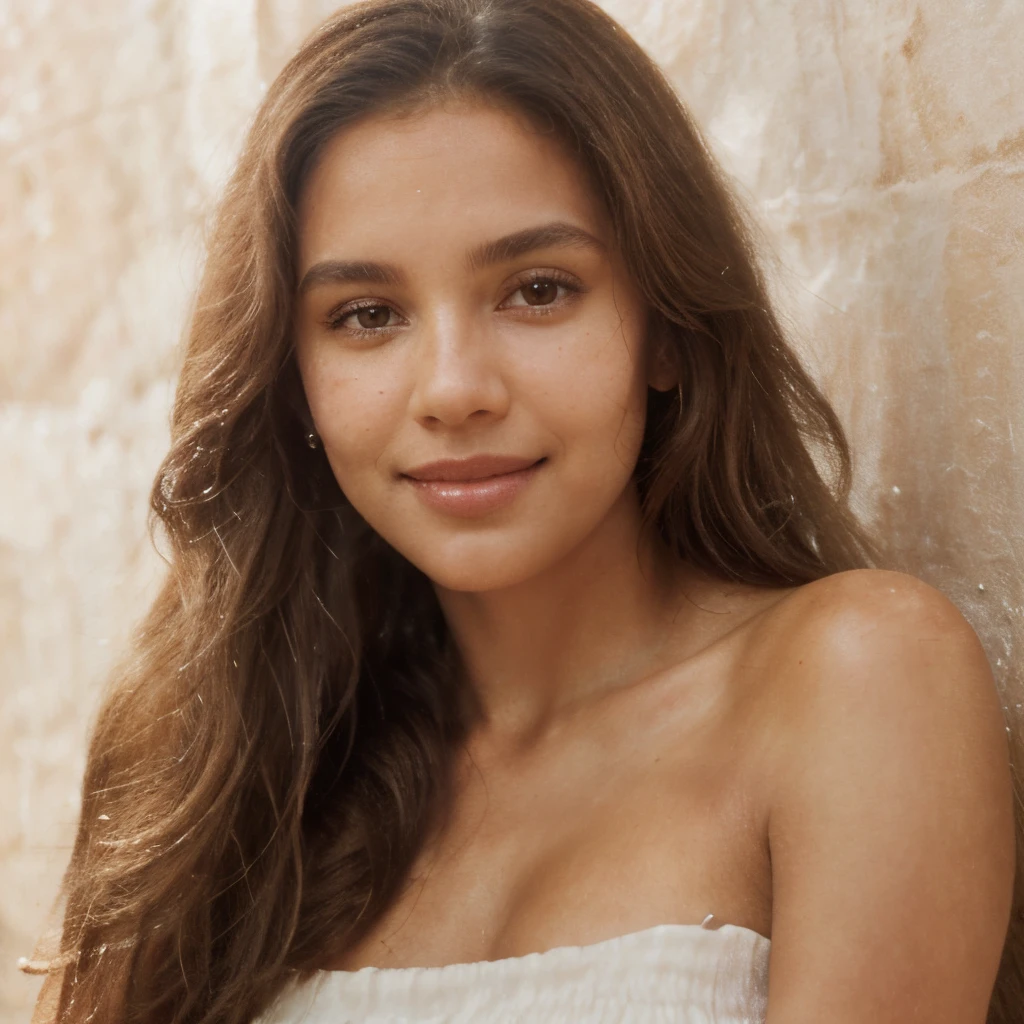 Portrait a young brazilian woman, white long dress without neckline, brown long hair, smilling, (Gorgeous Photo) of (Ultra detailed), (photorealistic), (realistic), masterpiece, ((ultra detailed)), (natural skin texture), (natural skin pores), cinematic look, natural pose