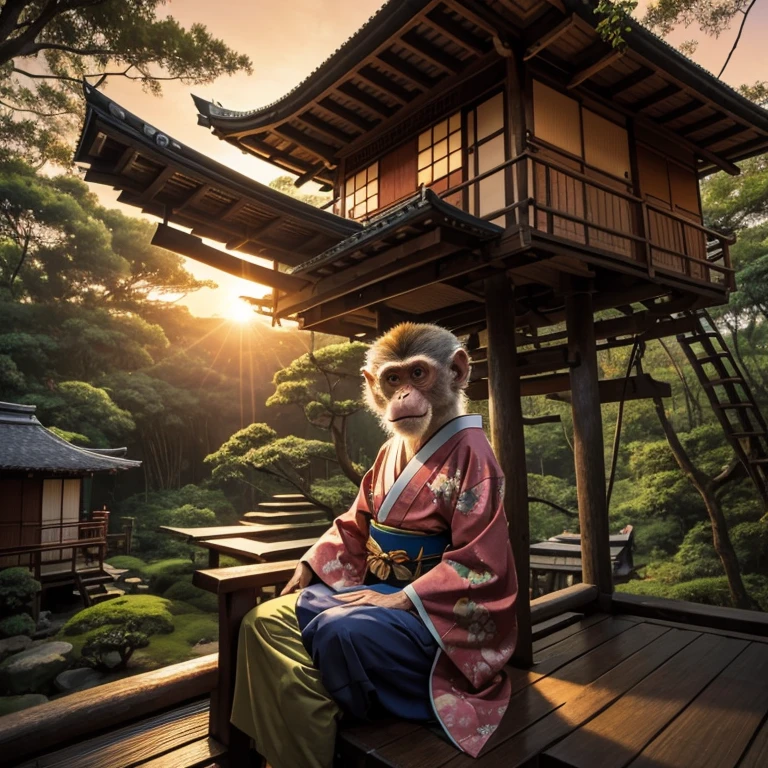 calm old monkey wearing a japenese kimono, in a paceful treehouse village, nestled in a magical forest,sunset