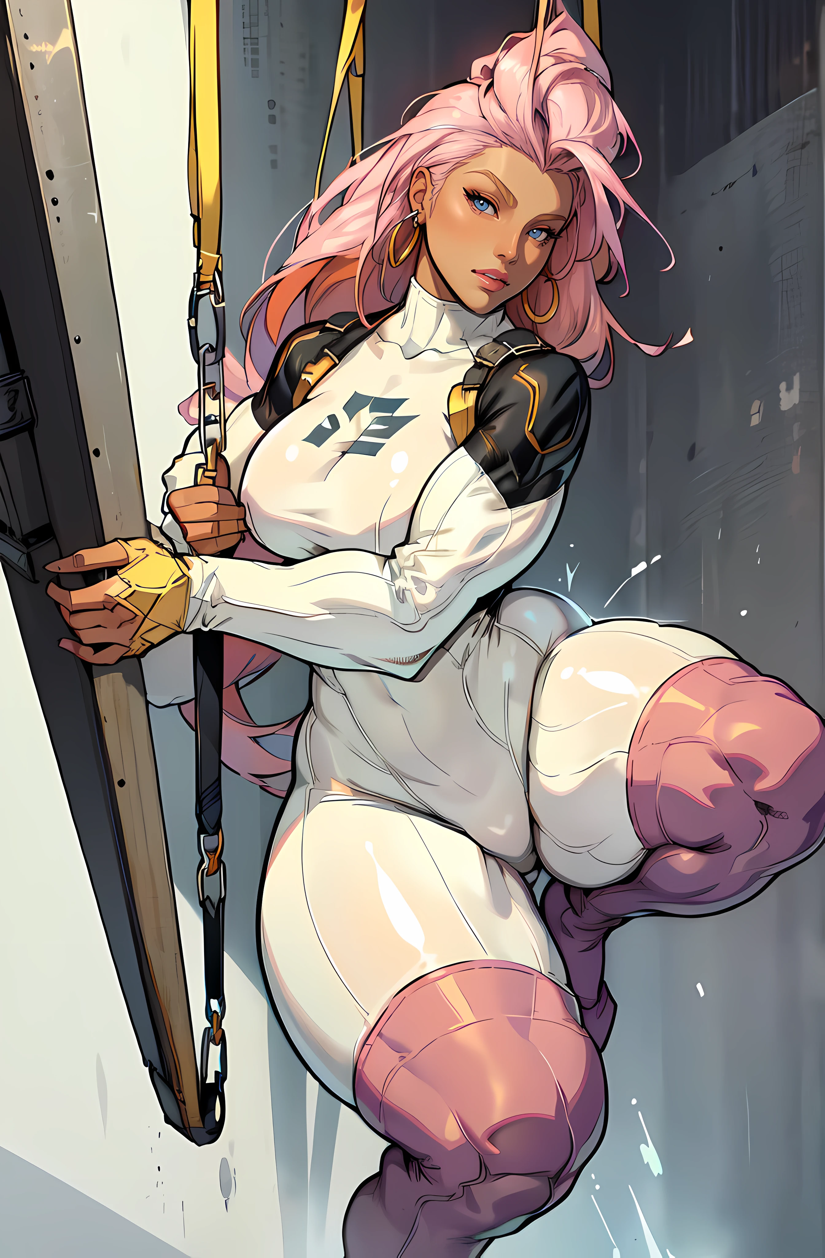 grey background, solo, 1 girl, (white and gold bodysuit), very long hair, pink hair, angry, brown eyes, earrings ((hanging breasts: 1.6)), ((thick thighs)), (full body), dark skin, storm from x-men