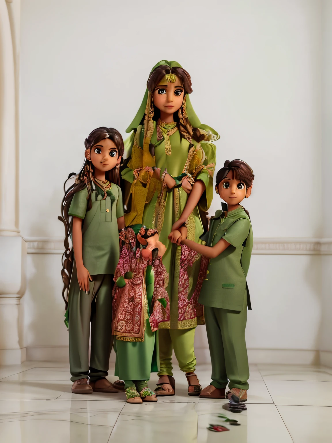 1desi mom,solo,with 2sons,double,((beautiful brown eyes)), ((in a palace),(wearing green shalwar),((covering hair) one eye over kids,(holding hands ),long hair,green dress,emotional,looking at eachother,