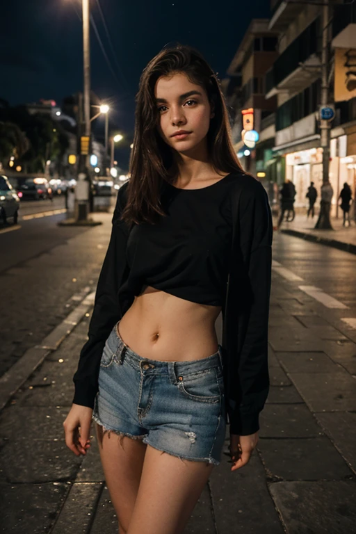 fotografia de uma mulher de 19yo, rosto perfeito, standing on her feet, passeando na cidade a noite