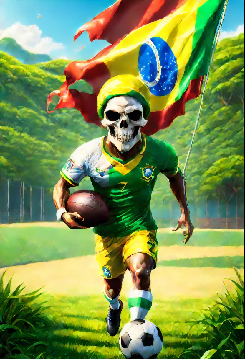 (best quality,32k,highres,masterpiece:1.2),Flag of Brazil, funny skull playing football,green and white uniform,sunny weather,detailed expression,sharp focus,realistic lighting,playful atmosphere,grass field,action-packed,professional artwork