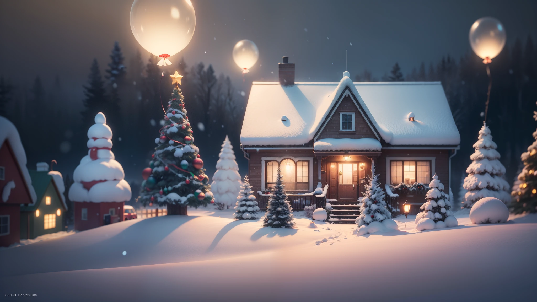 Show a beautiful landscape, house covered with snowfalls, decorated with Christmas's trees, balloons, led light. Pixar style, 4k, --auto --s2