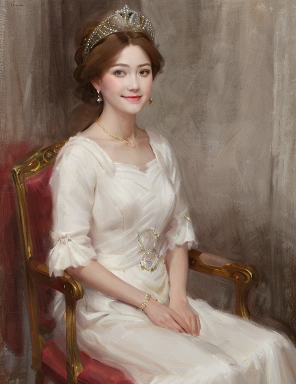 1 girl, portrait of the empress, crown, red eyes, brown hair, white dress, royal family, elegant, pretty smile, front focus, focus eyes, details, sit in chair