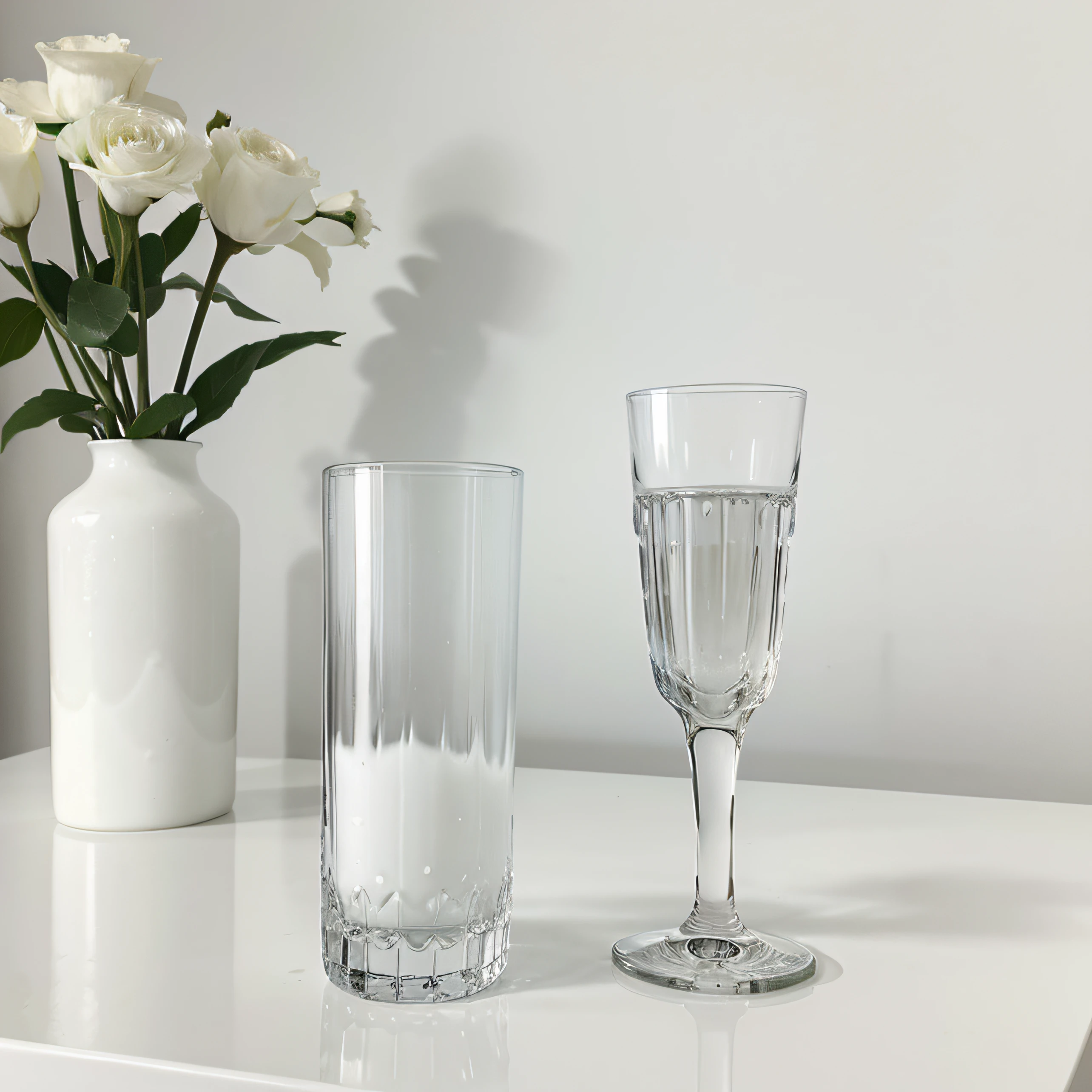 2 copas de cristal en una mesa blanca consepto minimalista fondo blanco