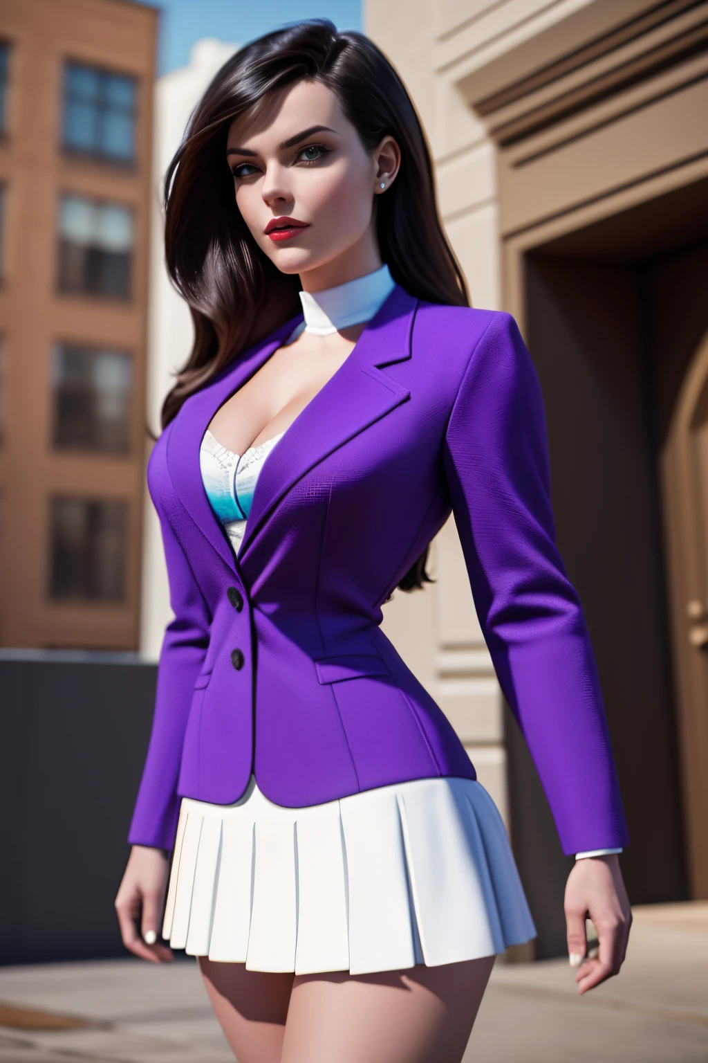 Masterpiece, ultra detailed, photorealistic, 8k, intricate texture perfect body, big thighs , lois lane, a sexy girl in a purple jacket and white skirt