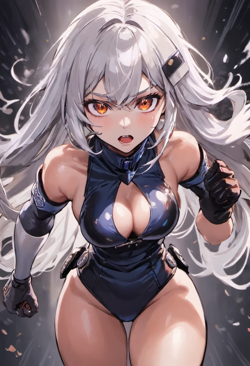 ((best quality)), ((masterpiece)), (detailed), perfect face, long hair, White hair with bangs, beauitful, sexy, police, police officer, cop, white eyes, silver eyes, female, girl