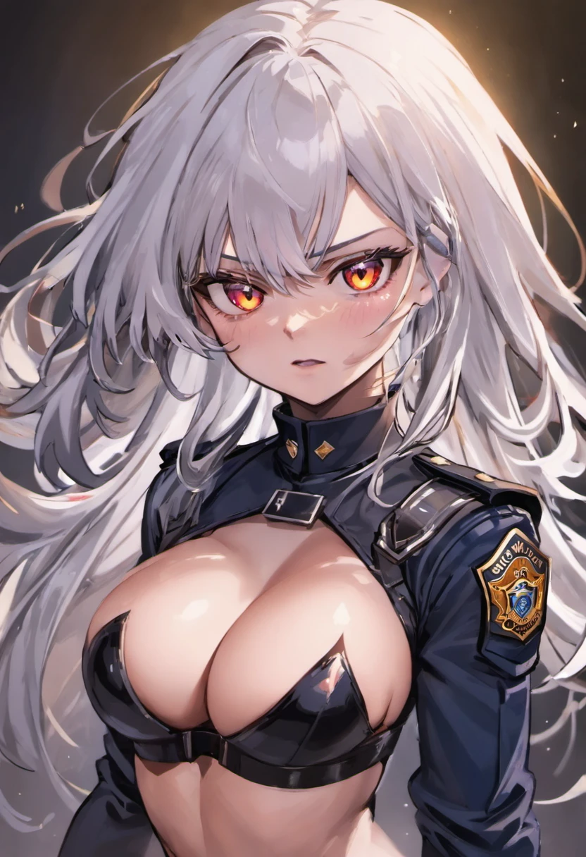 ((best quality)), ((masterpiece)), (detailed), perfect face, long hair, White hair with bangs, beauitful, sexy, police, police officer, cop, white eyes, silver eyes, female, girl