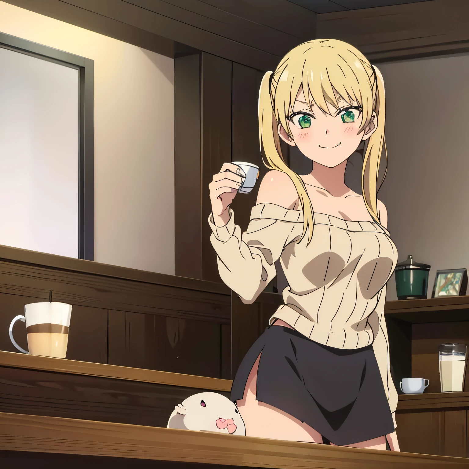 masterpiece, best quality, 1 girl, alone, , hoshizaki rika, green eyes, tsurime, eyelashes, blonde hair, long hair, pigtails, side locks, fangs, large breasts, medium waist, medium hips, wide thighs, Inside, coffee shop, sweater, clothing cut, black ribbed sweater, off shoulder, black skirt, tight short skirt, looking at the viewer, session, embarrassed, seductive, smiling, mouth closed blushing smile,