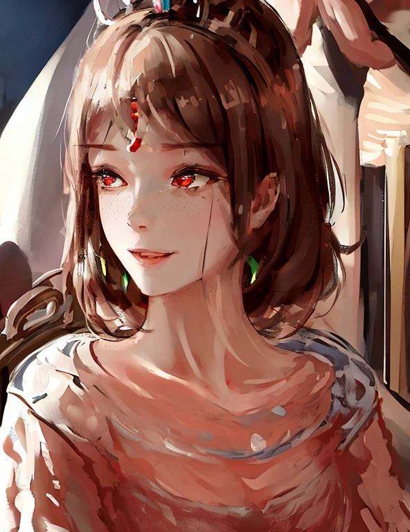 1 girl, portrait of the empress, crown, red eyes, brown hair, white dress, royal family, elegant, pretty smile, front focus, focus eyes, details, sit in chair