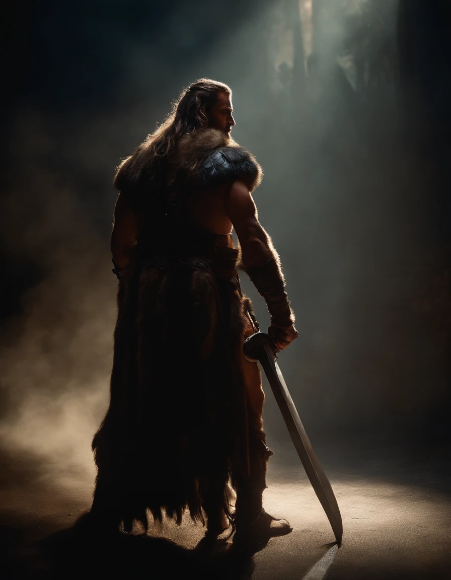 Fantasy oil painting, Barbarian, enigmatic, dramatic shadow, dark colors, rich colors, high contrast, dramatic facial shadows, sinister elegance