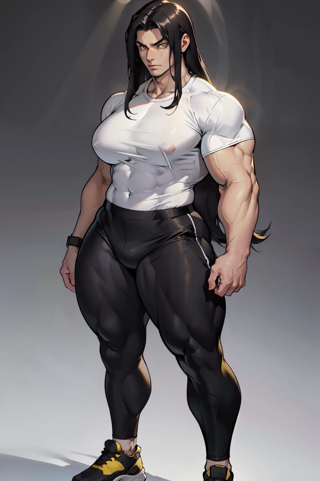 (((muscular))), (thick thighs, small breasts, toned body, 1 girl), black hair, pale skin, yellow eyes, angry, very long hair ((full body)) cibernetic armor