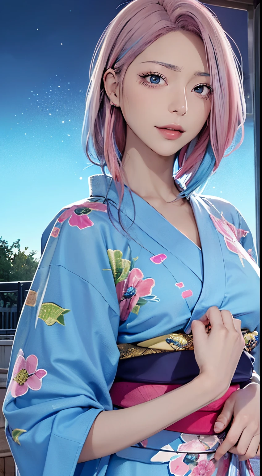 (masutepiece), (((Highest Quality)), (super detailed), 1 girl, (Iridescent hair, Colorful hair, Half blue and half pink hair: 1.2), 17 years old, (Yukata: 1.2), plein air, Bangs, Smile, sky-blue eyes, Perfect hands, Perfect hands, Hand Details, Corrected Fingers. earrings, Night Store + Background, up looking_で_viewer, Cowboy Shot, of the highest quality, rich detail, Perfect image quality,