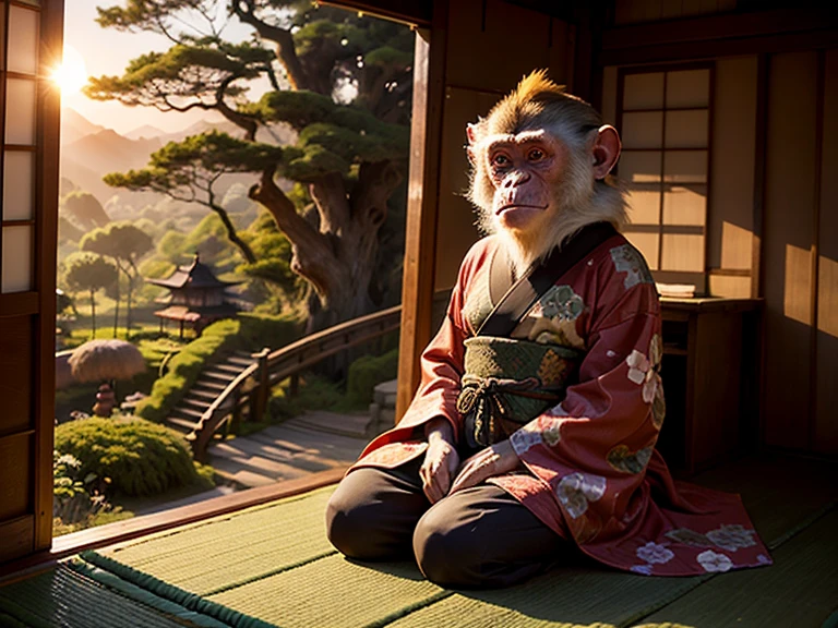 calm old monkey wearing a japenese kimono, in a paceful treehouse village in an enchanted forest,sunset