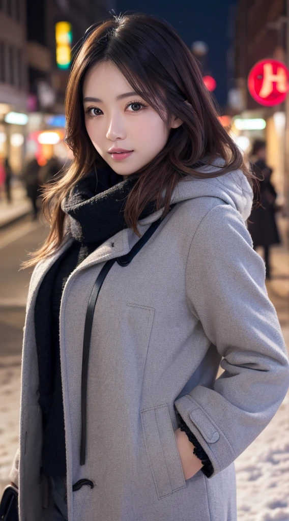 (8K, Raw photo, hyperphotorealistic, Best Quality, ultra-detailliert, Best Quality, extremely detailed CG unified 8k wallpaper, amazing, Beautiful Fine Face, Very detailed face, Very detailed eyes, Very detailed skin, Detailed face, Beautiful Japanese woman with perfect proportions, A lot of lashes), 30 years old, My hands are warmed by my breath, snowy night city, duffel coat, scarf, (:0.7), close-up view, shot upper body, look at viewer