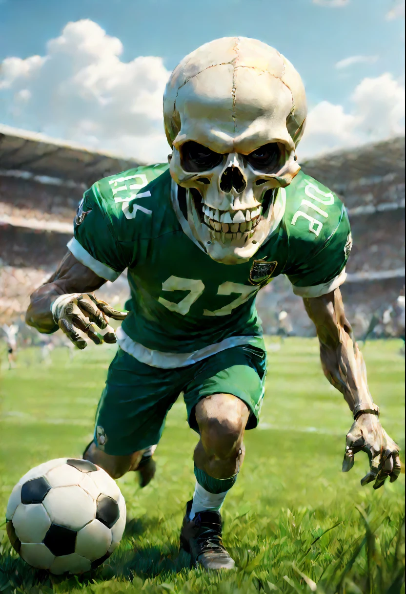 (best quality,32k,highres,masterpiece:1.2),funny skull playing football,green and white uniform,sunny weather,detailed expression,sharp focus,realistic lighting,playful atmosphere,grass field,action-packed,professional artwork