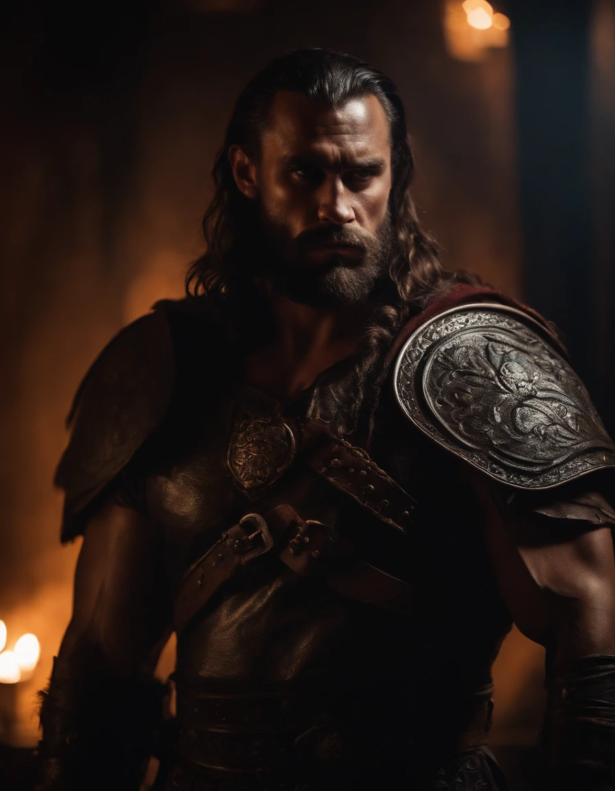 Fantasy oil painting, Barbarian, enigmatic, dramatic shadow, dark colors, rich colors, high contrast, dramatic facial shadows, sinister elegance
