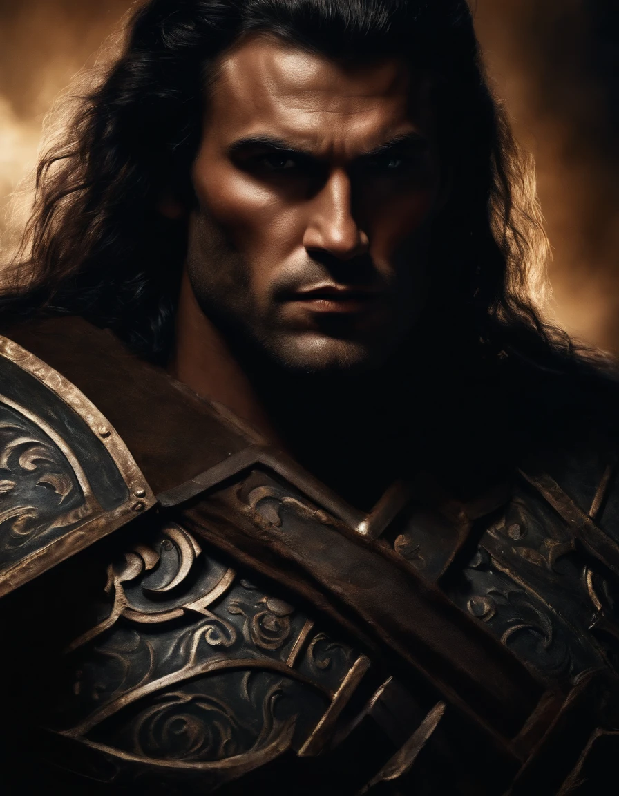 Fantasy oil painting, Barbarian, enigmatic, dramatic shadow, dark colors, rich colors, high contrast, dramatic facial shadows, sinister elegance