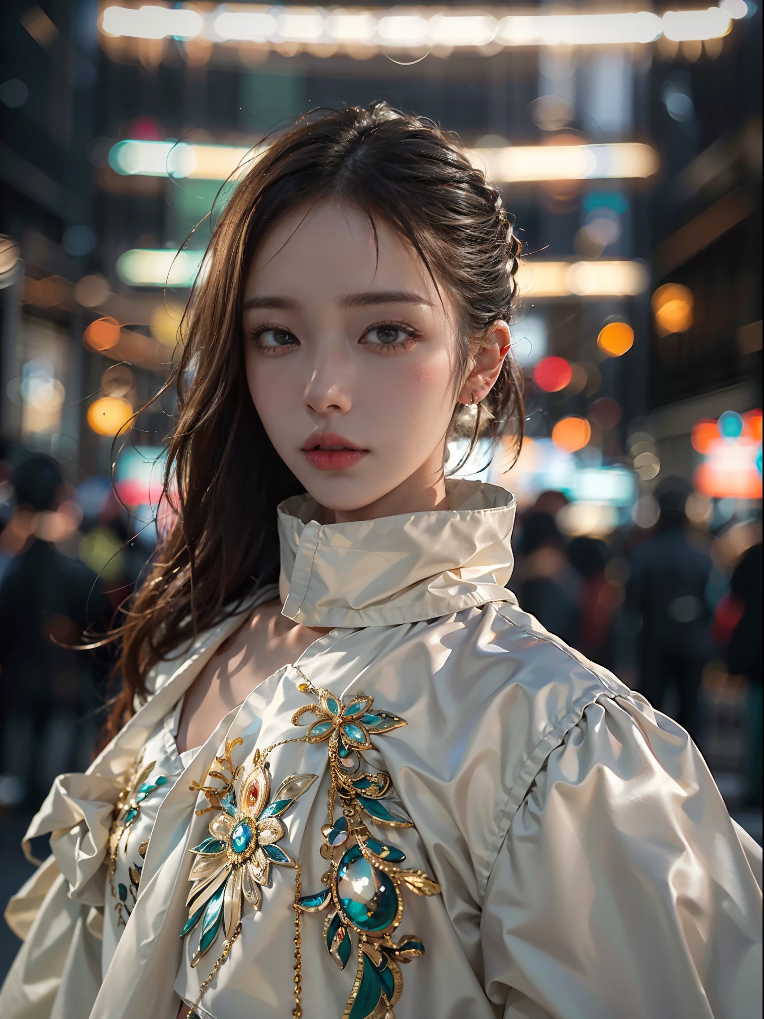 ulzzang-6500-v1.1, (RAW photo: 1.2), (Real photo), (Real photo: 1.4), 1 girl、Perfect anatomy、19 years old、Looking at the camera、Medium length hair、side braids, uniform white dress, in a surreal royal garden, under the starry night sky, ((starry night: 1.1))、(Business service)、Asian eyes Ella,