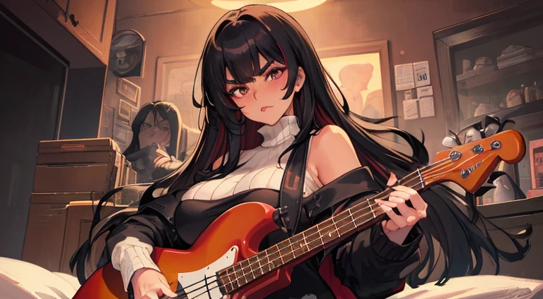 Female bassist、Long Hair、Dark Brown Hair、Loose curly hair、Big Breasts、cute、Black clothes、Perfect Style、