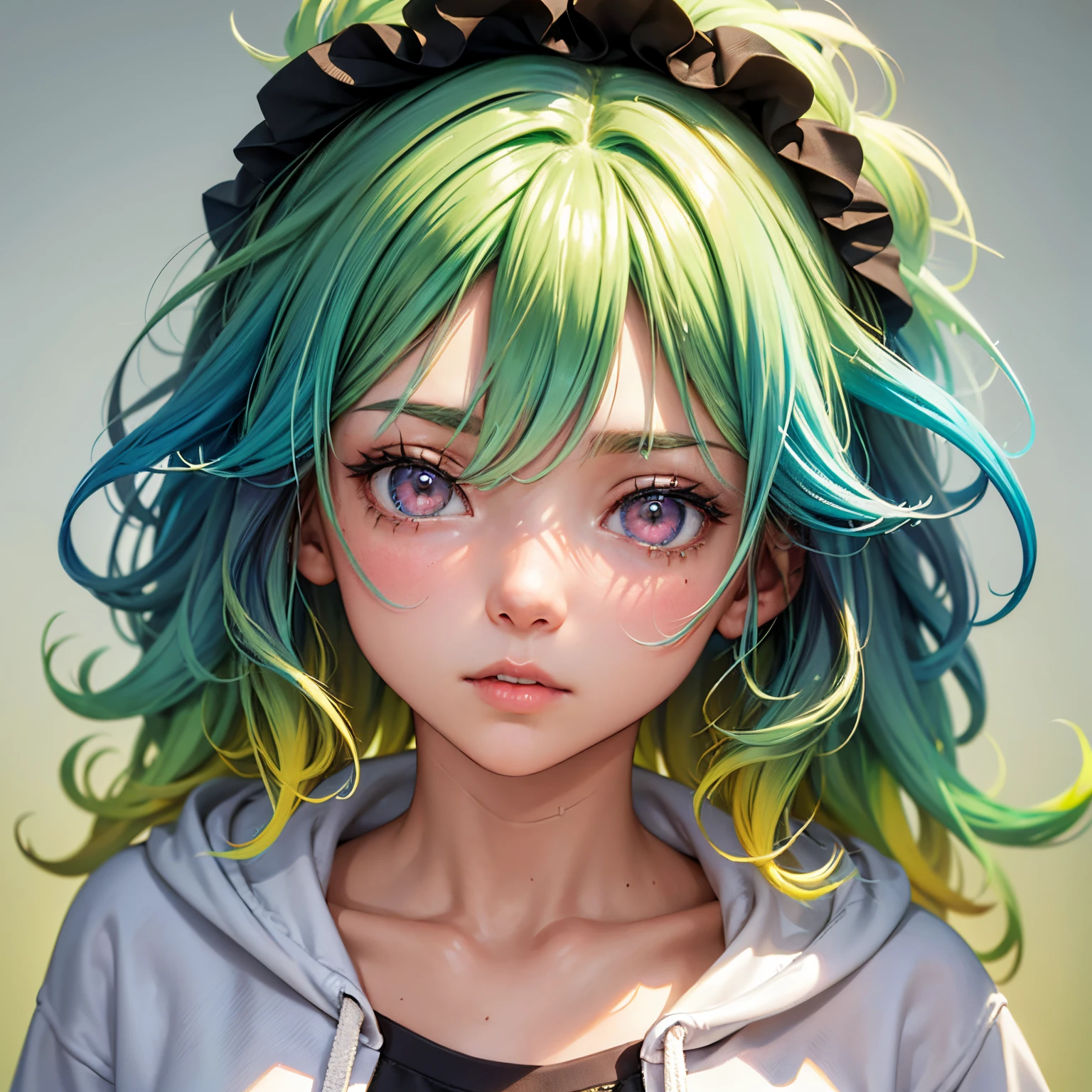 1girl in, Solo, Solo Focus, Cowboy Shot, Portrait, oversized hoodie, Aqua green and white hoodie, Half Aqua, Half Green, ((Brown hair)), (Yellow hair), (Gradient Hair :1.5), Curly hair, ((Pink eyes)), ultradetailed eyes, asa, (Caramel Black Skin:1.1), Best Quality, Ultra-detailed, White background, Simple background