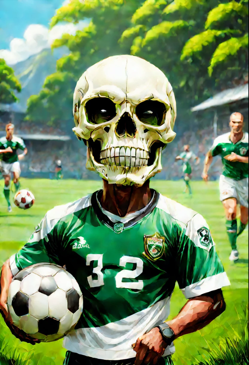 (best quality,32k,highres,masterpiece:1.2),funny skull playing football,green and white uniform,sunny weather,detailed expression,sharp focus,realistic lighting,playful atmosphere,grass field,action-packed,professional artwork