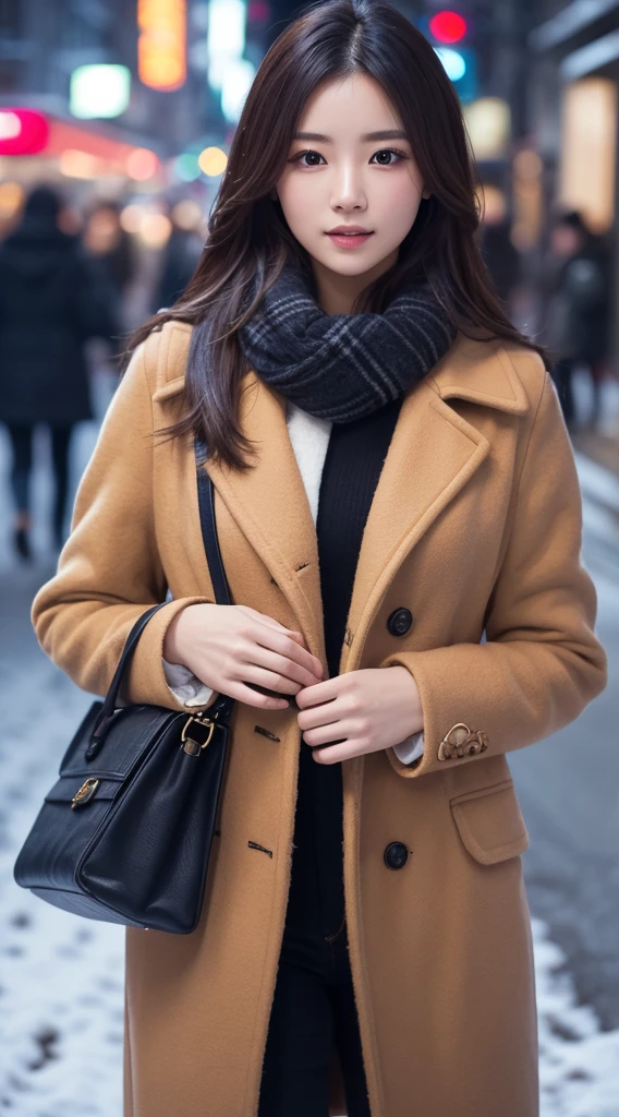 (8K, Raw photo, hyperphotorealistic, Best Quality, ultra-detailliert, Best Quality, extremely detailed CG unified 8k wallpaper, amazing, Beautiful Fine Face, Very detailed face, Very detailed eyes, Very detailed skin, Detailed face, Beautiful Japanese woman with perfect proportions, A lot of lashes), 30 years old, My hands are warmed by my breath, snowy night city, duffel coat, scarf, (big breasts:0.7), close-up view, shot upper body, look at viewer