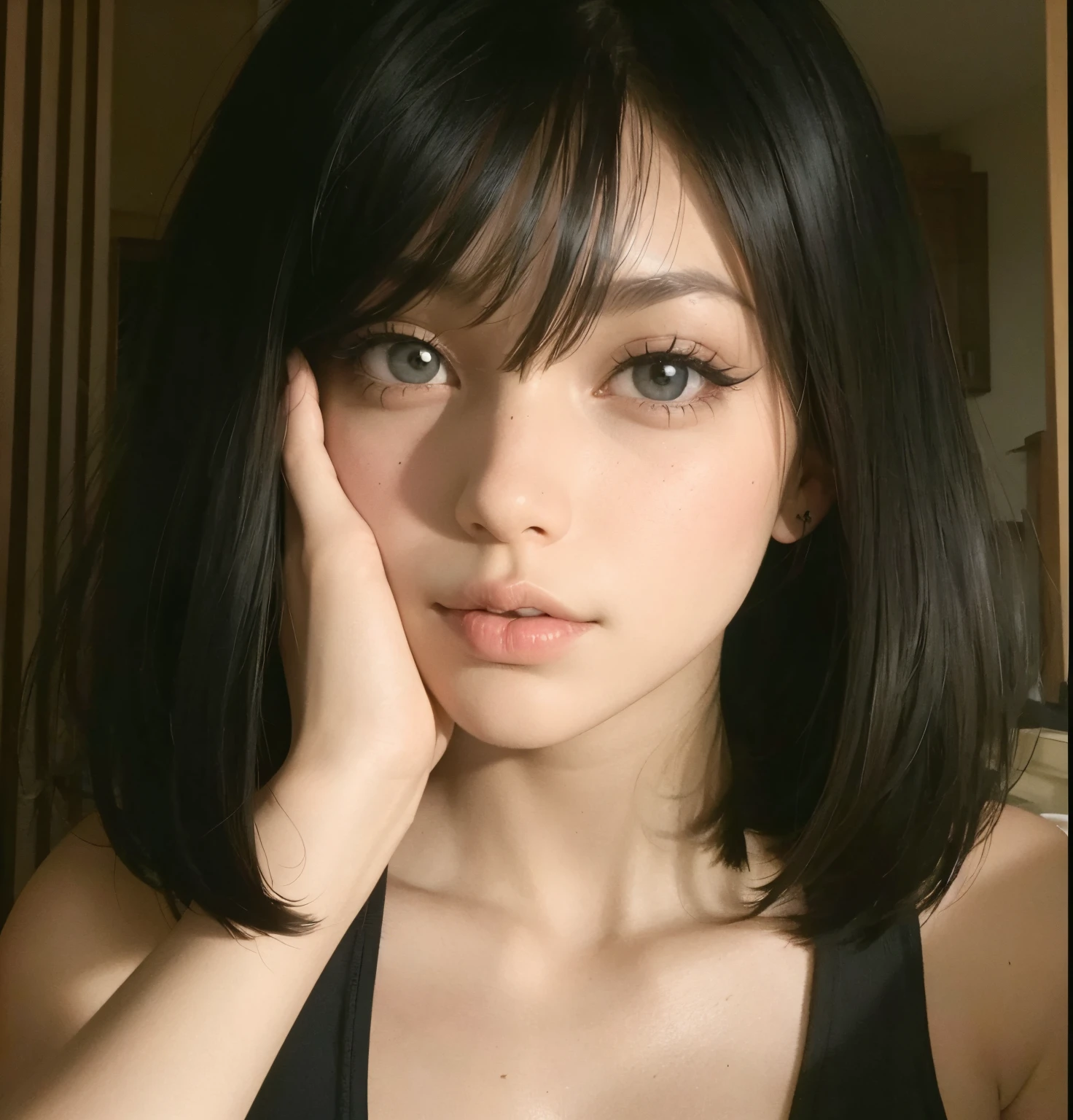 Mujer arafed con un top negro y un tatuaje en el brazo., Cabello limpio con flequillo, con pelo corto con flequillo, Pelo negro corto con flequillo, con flequillo, flequillo recto, Ella tiene el pelo negro con flequillo, cabello blackbangs cabello, flequillo negro, Flequillo partido en el centro, short brown hair with bangs, con el pelo corto, flecos rectos, Cabello negro bob