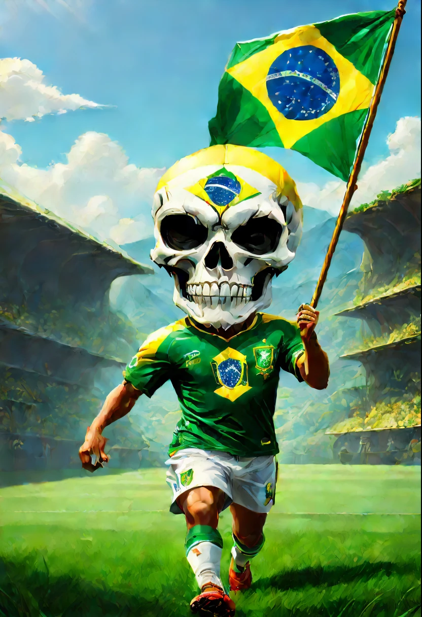 (best quality,32k,highres,masterpiece:1.2),Flag of Brazil, funny skull playing football,green and white uniform,sunny weather,detailed expression,sharp focus,realistic lighting,playful atmosphere,grass field,action-packed,professional artwork