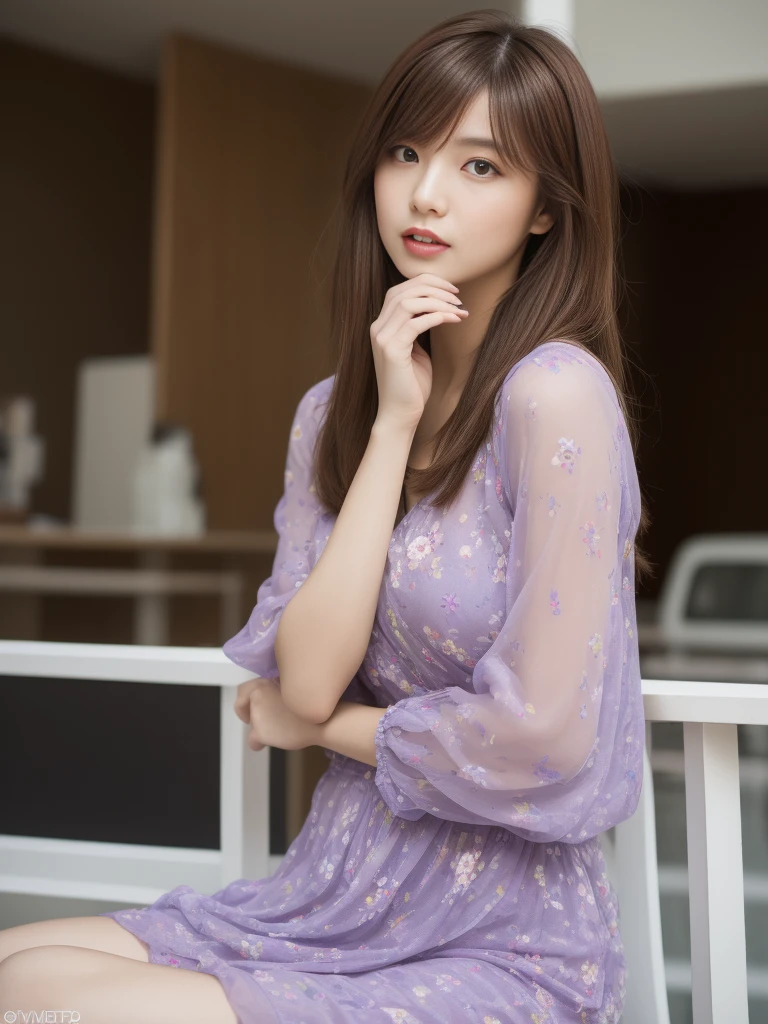 Marian Rivera, 21yo,真实感, A high resolution,looking at viewert, (8K, RAW photogr, Best quality at best, tmasterpiece:1.2), (actual, realistically:1.37), (Focus sharp:1.2), profesional lighting, フォトンマッピング, Radio City, physically-based renderingt, (pale-skinned:1.2), looking at viewert, (Brown hair long:1.5), sporty attire, a purple eye, through bangs, Alone, actual, (Skin glows), fashionable girl, natural makeup, (mini floral dress), tight fit clothes, (sitted:1.3), dynamicposes, Open-air café, huge bust, A sexy pose, Bare breasts,
