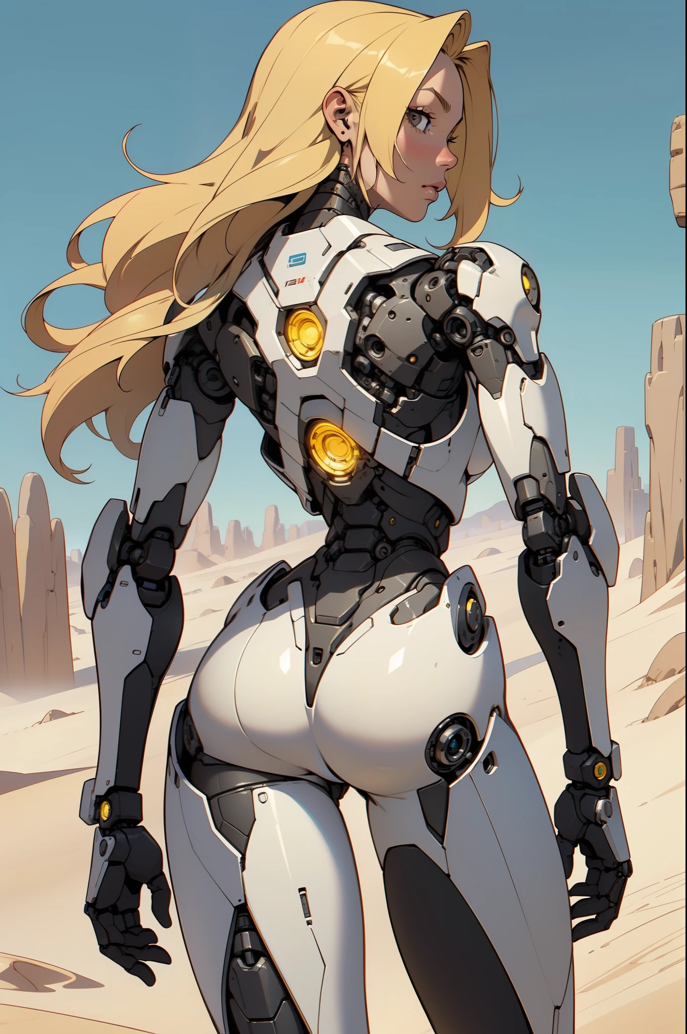 high quality, 4k, masterpiece, beautiful, cyborg girl, cowboy shot, dull eyes, back side, turning around to look at viewer, long blonde hair, girl, small breasts, fit thigh, robotic arms, robotic body, cyborg body, yellow accent, red accent, intricate detail, joint, detailed lines, robotic detail, 1fist on hip, color robotic parts, robotic parts with color, perfect fingers, on a desert planet, sunny background, colorful desert,