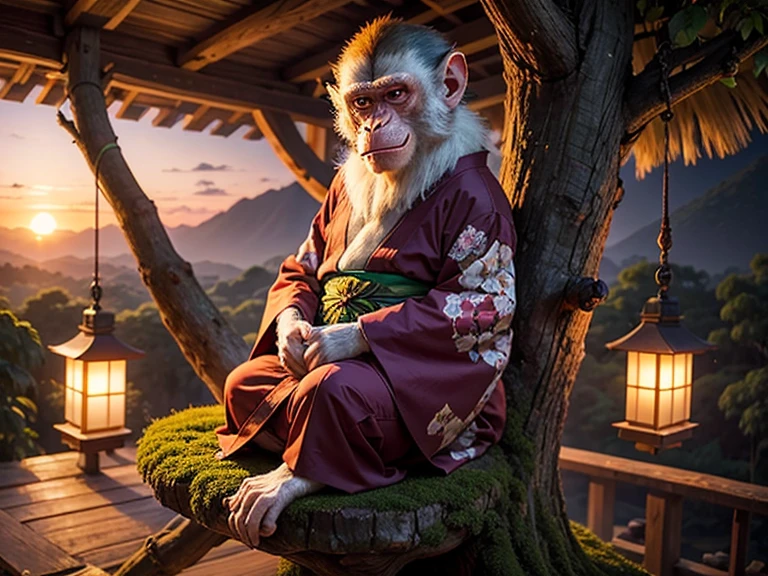 calm old monkey wearing a japenese kimono,sit on a tree in a paceful treehouse village in an enchanted forest,sunset