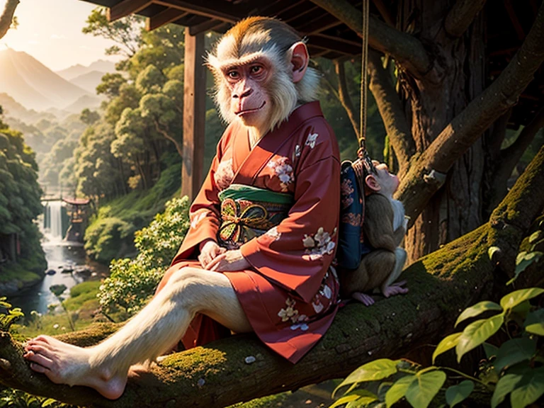 calm old monkey wearing a japenese kimono,sit on a tree in a paceful treehouse village in an enchanted forest,sunset