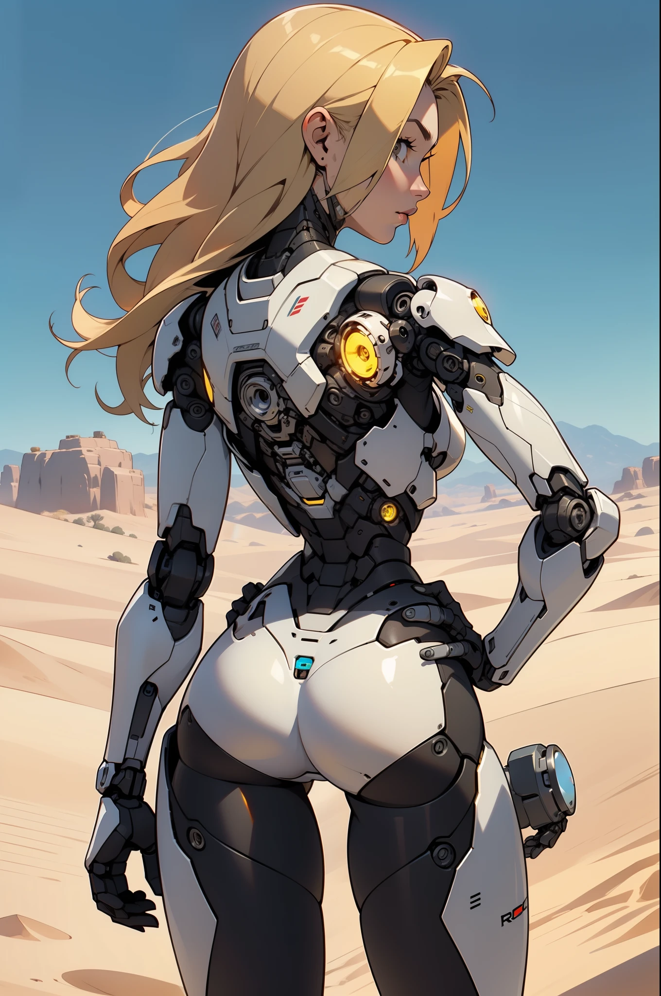 high quality, 4k, masterpiece, beautiful, cyborg girl, cowboy shot, dull eyes, back side, turning around to look at viewer, long blonde hair, girl, small breasts, fit thigh, robotic arms, robotic body, cyborg body, yellow accent, red accent, intricate detail, joint, detailed lines, robotic detail, 1fist on hip, color robotic parts, robotic parts with color, perfect fingers, on a desert planet, sunny background, colorful desert,