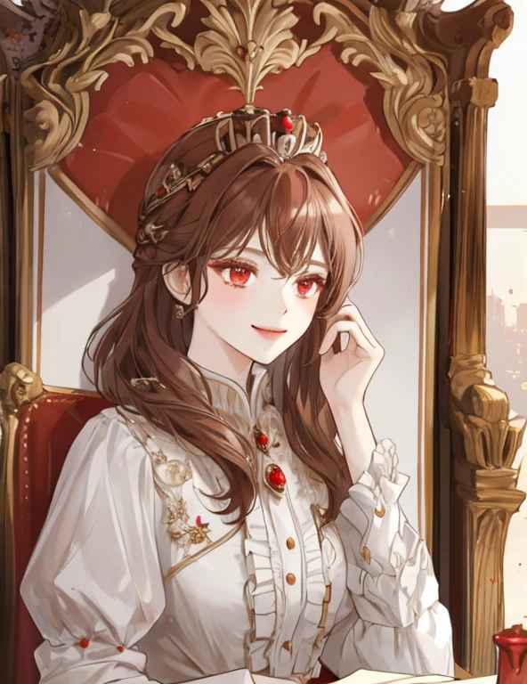 1 girl, portrait of the empress, crown, red eyes, brown hair, white dress, royal family, elegant, pretty smile, front focus, focus eyes, details, sit in chair