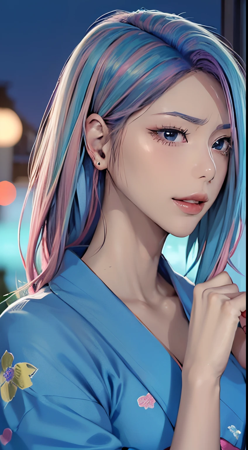 (masutepiece), (((Highest Quality)), (super detailed), 1 girl, (Iridescent hair, Colorful hair, Half blue and half pink hair: 1.2), ************, (Yukata: 1.2), Midsummer Night、plein air, Bangs, Smile, sky-blue eyes, Perfect hands, Perfect hands, Hand Details, Corrected Fingers. earrings, Night Store + Background, up looking_で_viewer, Cowboy Shot, of the highest quality, rich detail, Perfect image quality, blue dark color