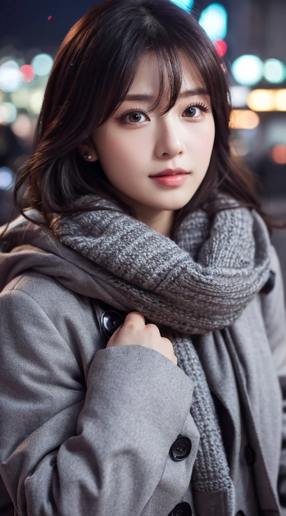(8K, Raw photo, hyperphotorealistic, Best Quality, ultra-detailliert, Best Quality, extremely detailed CG unified 8k wallpaper, amazing, Beautiful Fine Face, Very detailed face, Very detailed eyes, Very detailed skin, Detailed face, Beautiful Japanese woman with perfect proportions, A lot of lashes), 30 years old, My hands are warmed by my breath, snowy night city, duffel coat, scarf, (big breasts:0.7), close-up view, shot upper body, look at viewer