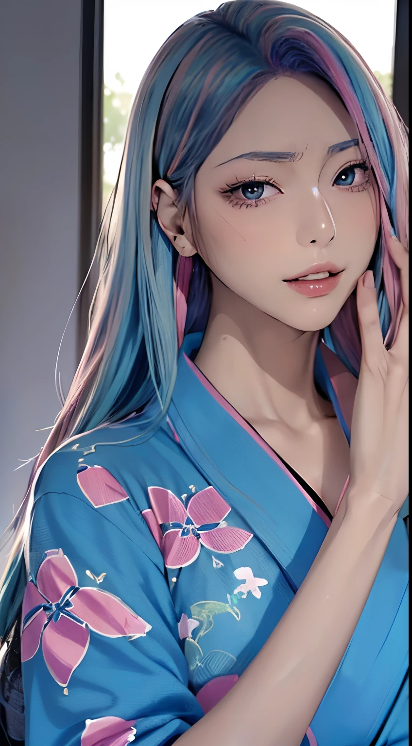 (masutepiece), (((Highest Quality)), (super detailed), 1 girl, (Iridescent hair, Colorful hair, Half blue and half pink hair: 1.2), 17 years old, (Yukata: 1.2), Midsummer Night、plein air, Bangs, Smile, sky-blue eyes, Perfect hands, Perfect hands, Hand Details, Corrected Fingers. earrings, Night Store + Background, up looking_で_viewer, Cowboy Shot, of the highest quality, rich detail, Perfect image quality, blue dark color