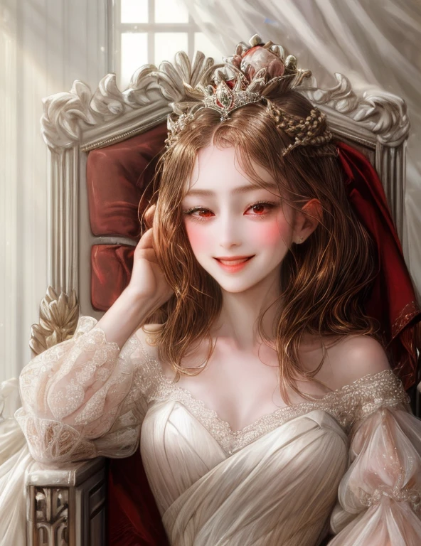 1 girl, portrait of the empress, crown, red eyes, brown hair, white dress, royal family, elegant, pretty smile, front focus, focus eyes, details, sit in chair